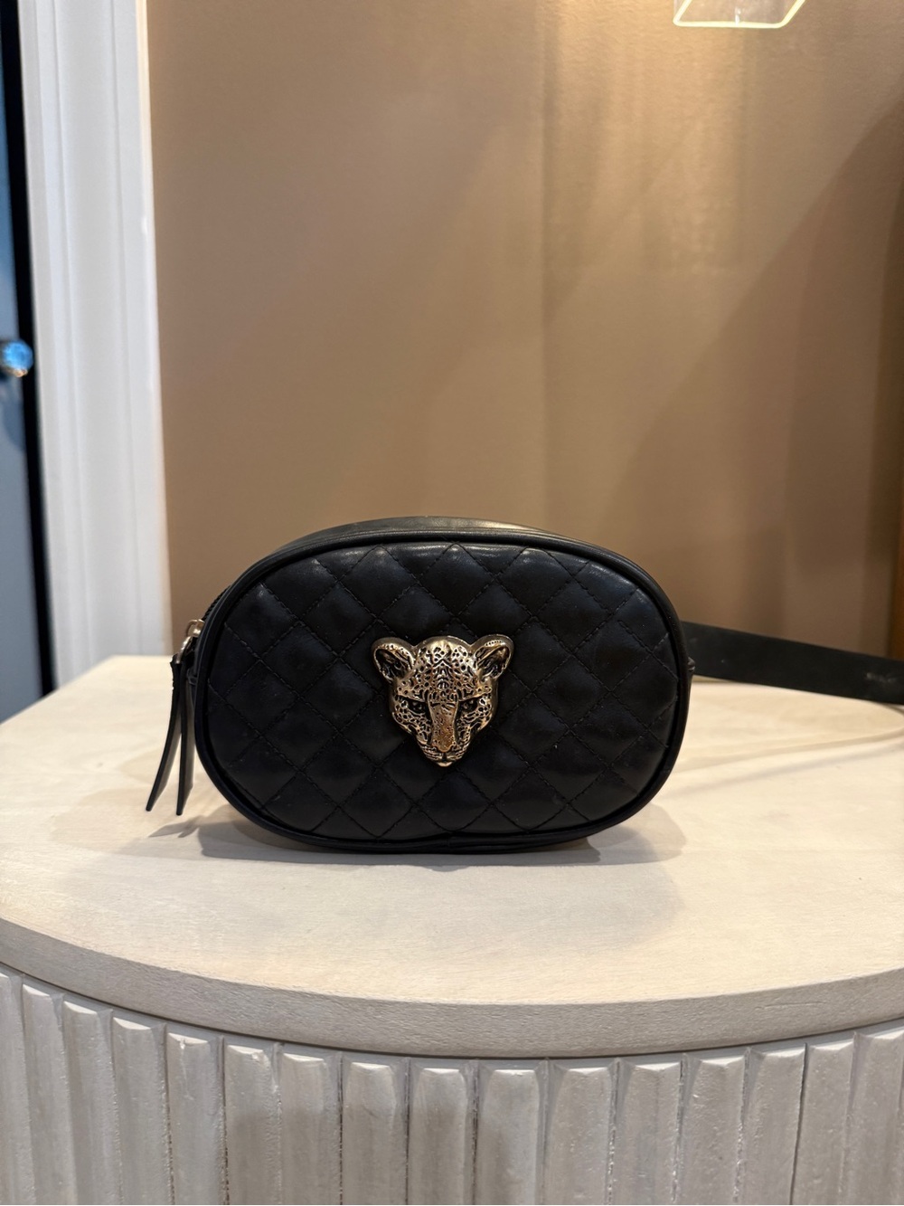 Quilted Black Leather Crossbody Bag with Gold Leopard Accent